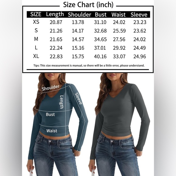 Long Sleeve Shirt V Neck Basics Crop Tops Layering Slim Fitted Y2K - Picture 6 of 6